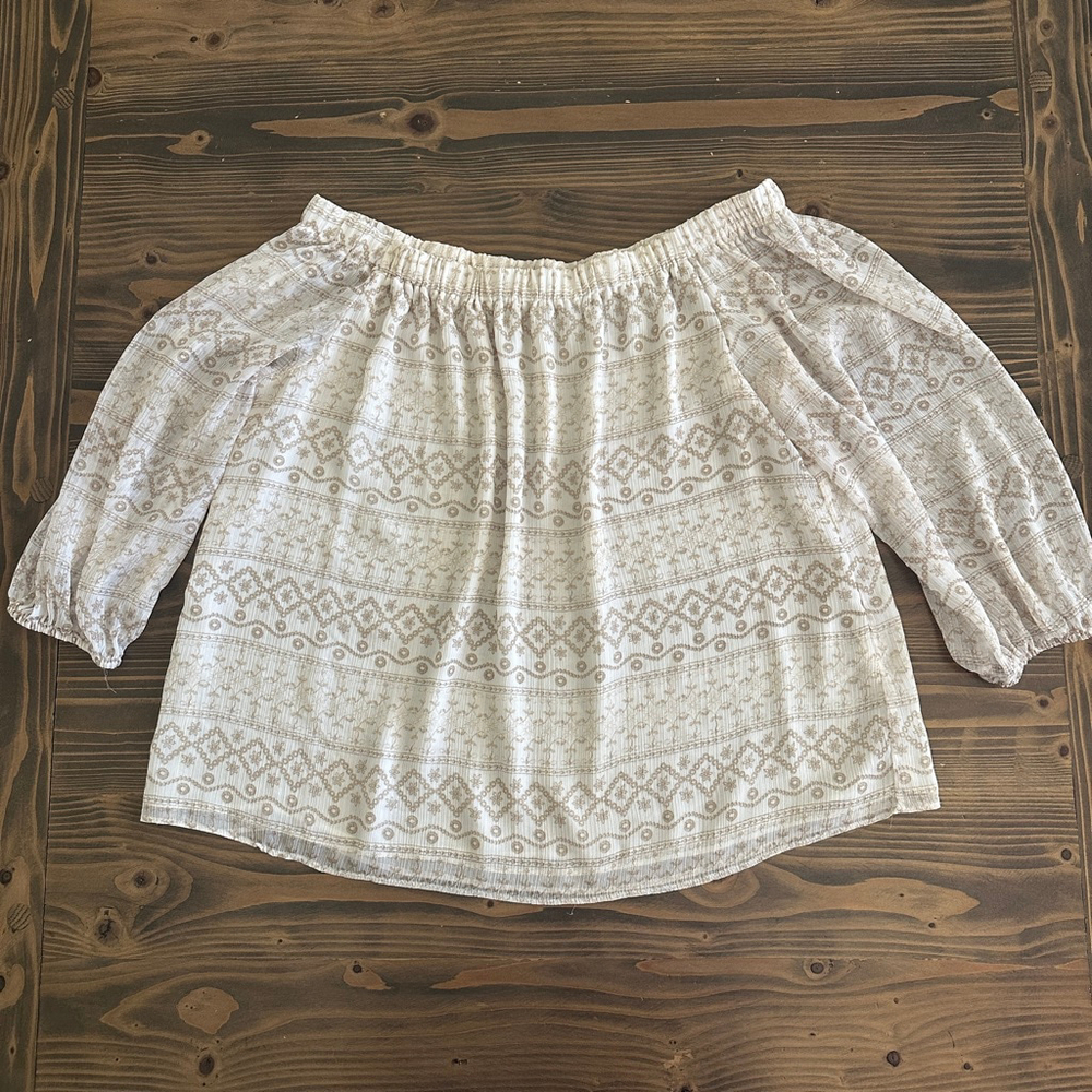 Cato Women’s Off-Shoulder Beige White Printed Blouse L Boho Sheer Lined